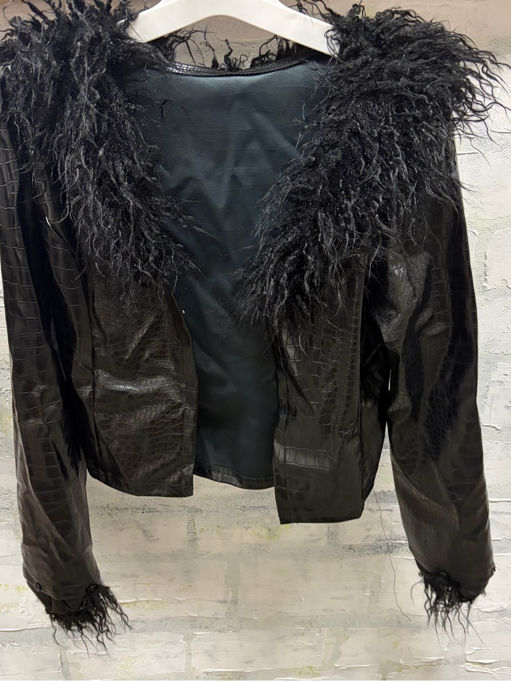 Black Faux Leather Cropped Jacket with Faux Fur Trim